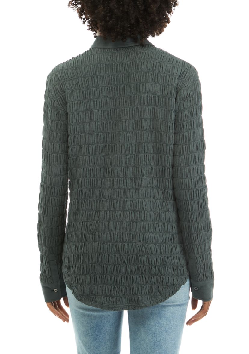 Womens Textured Knit Button Down Shirt
