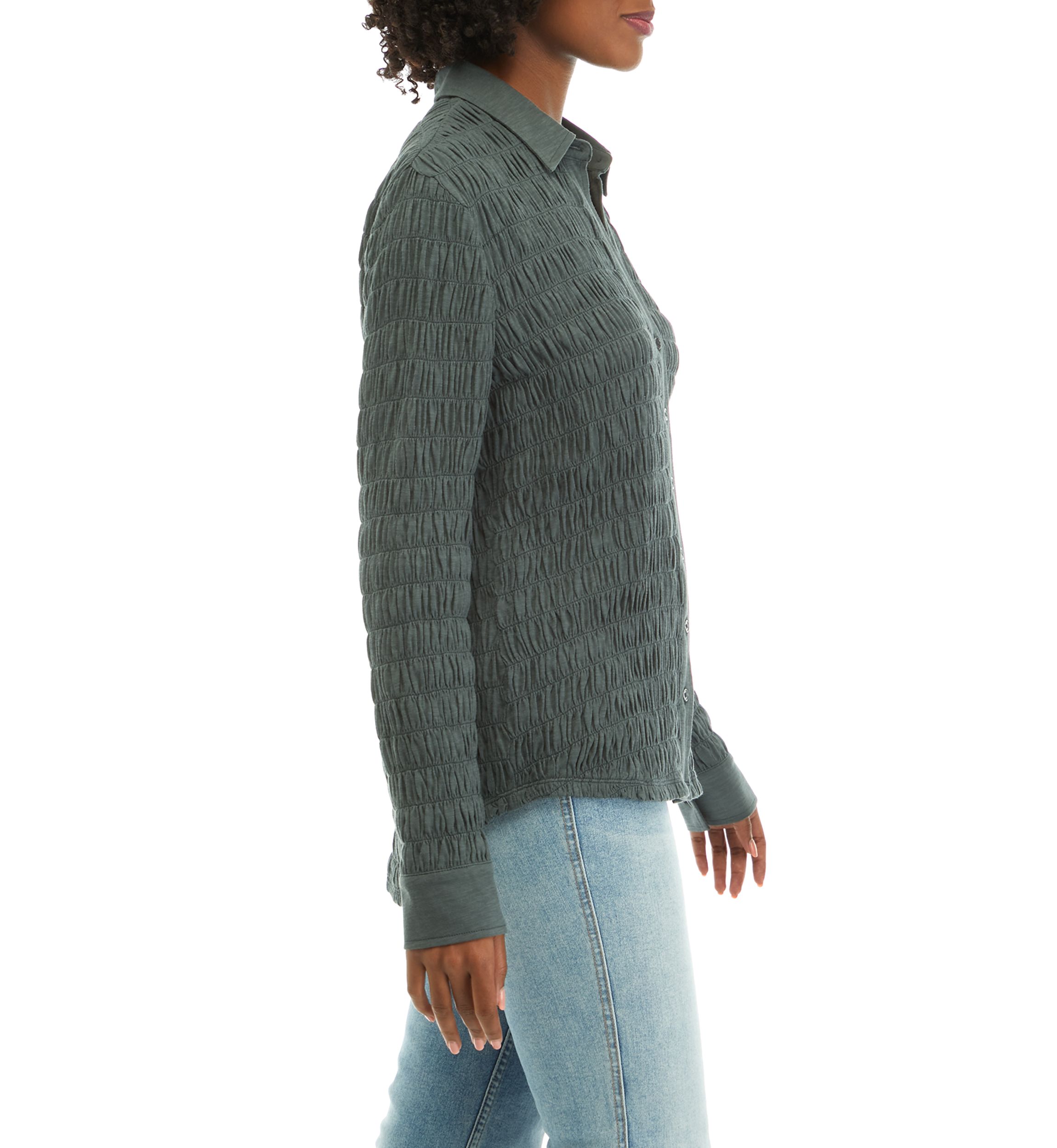 Womens Textured Knit Button Down Shirt