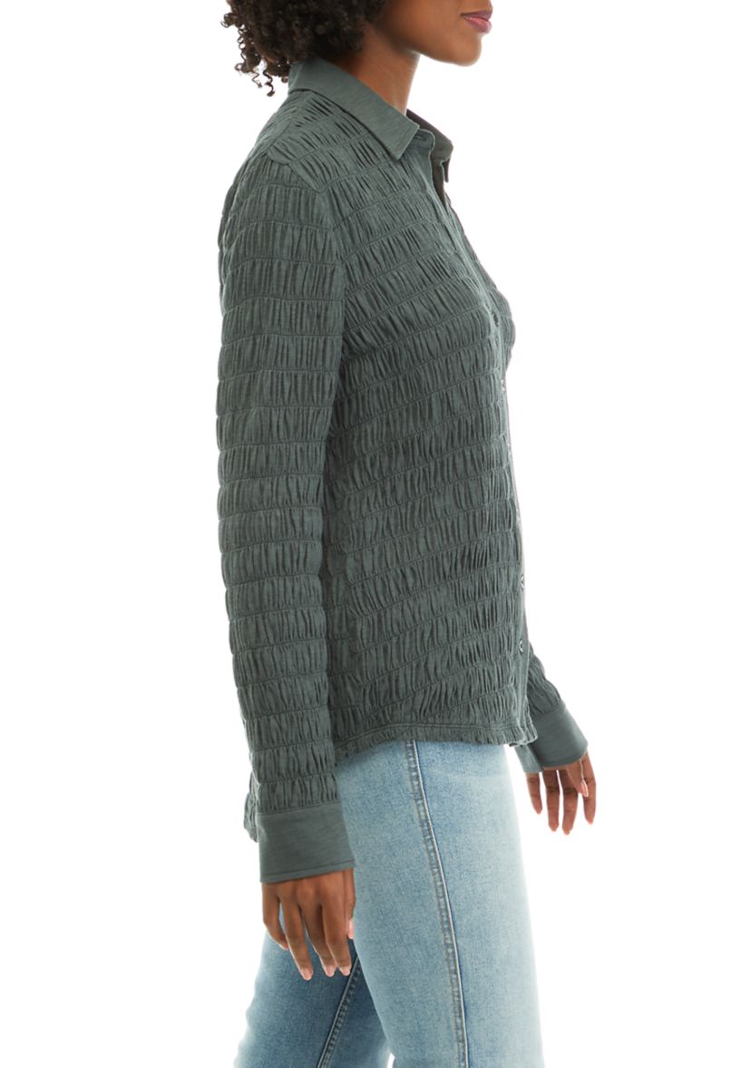 Womens Textured Knit Button Down Shirt