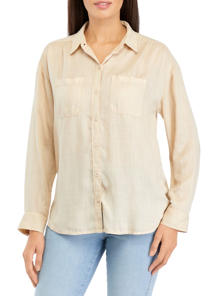 Womens Solid Button Down Boyfriend Shirt