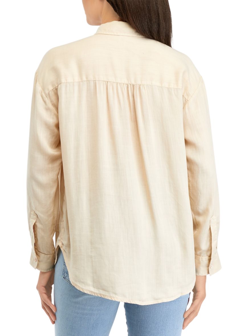 Womens Solid Button Down Boyfriend Shirt