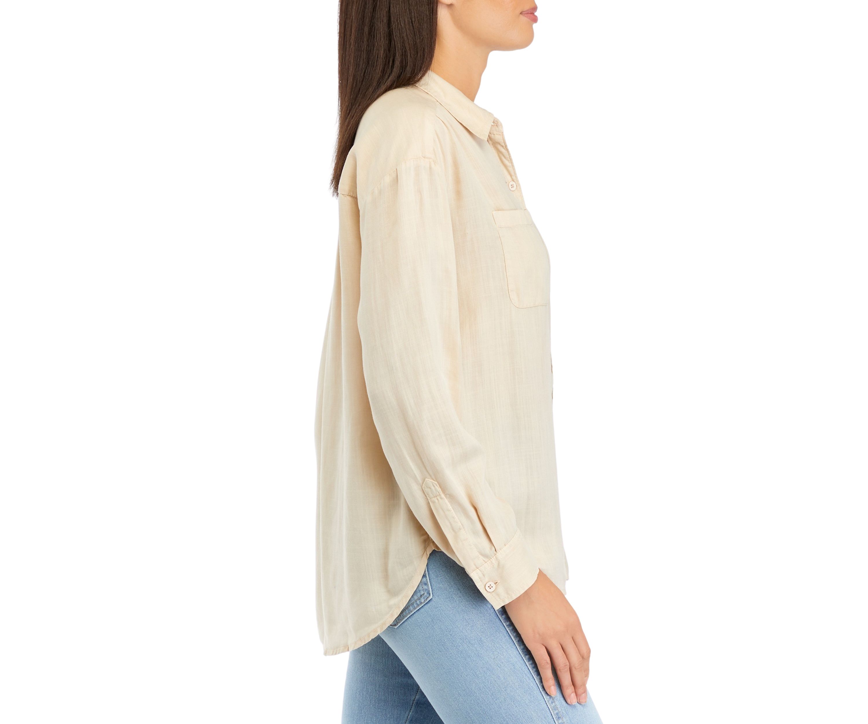 Womens Solid Button Down Boyfriend Shirt