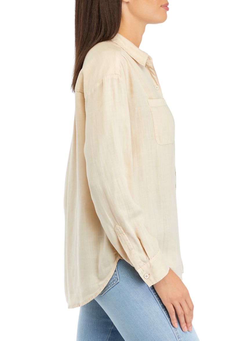 Womens Solid Button Down Boyfriend Shirt