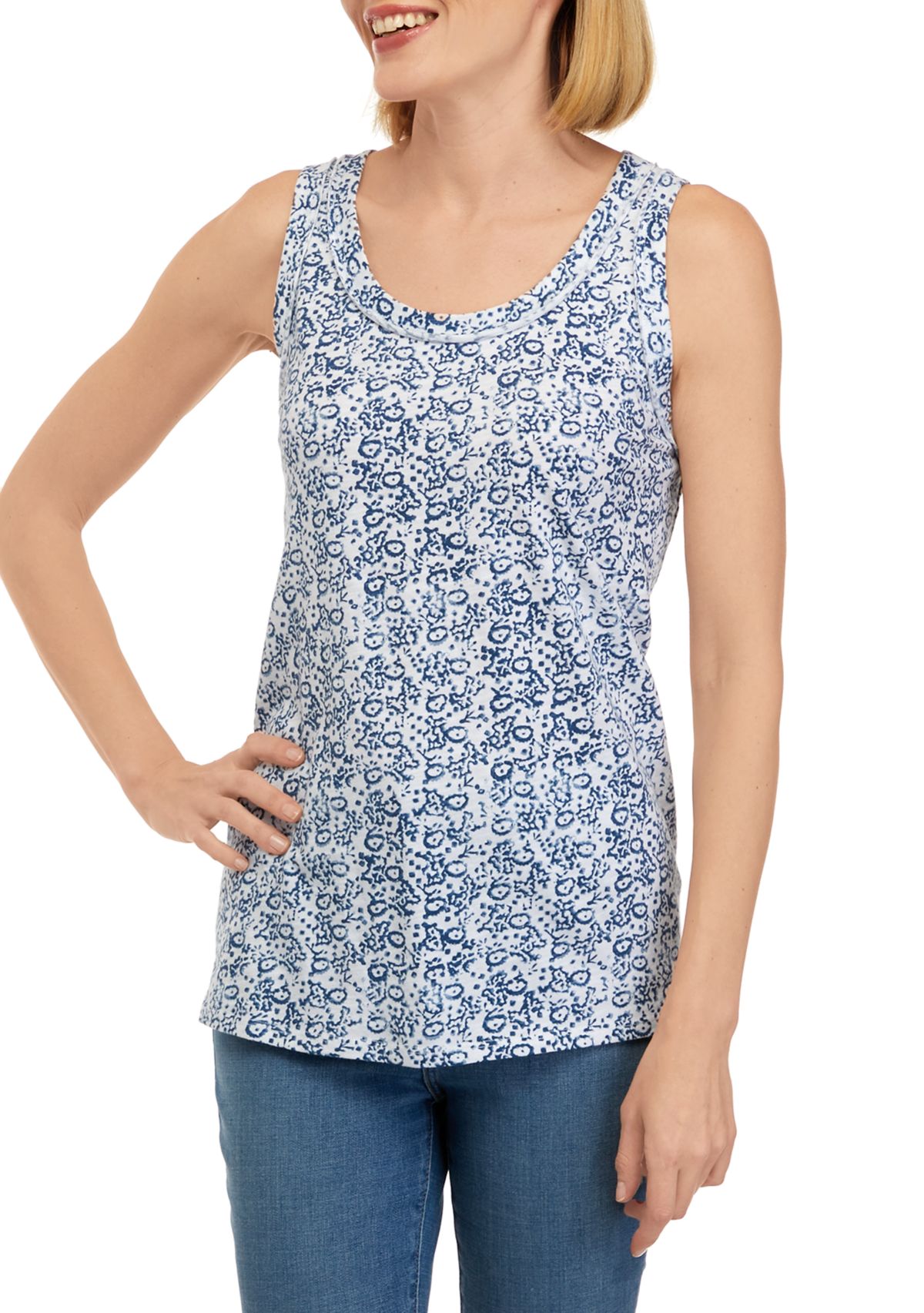 Womens Scoop Neck Raw Edge Printed Tank Top