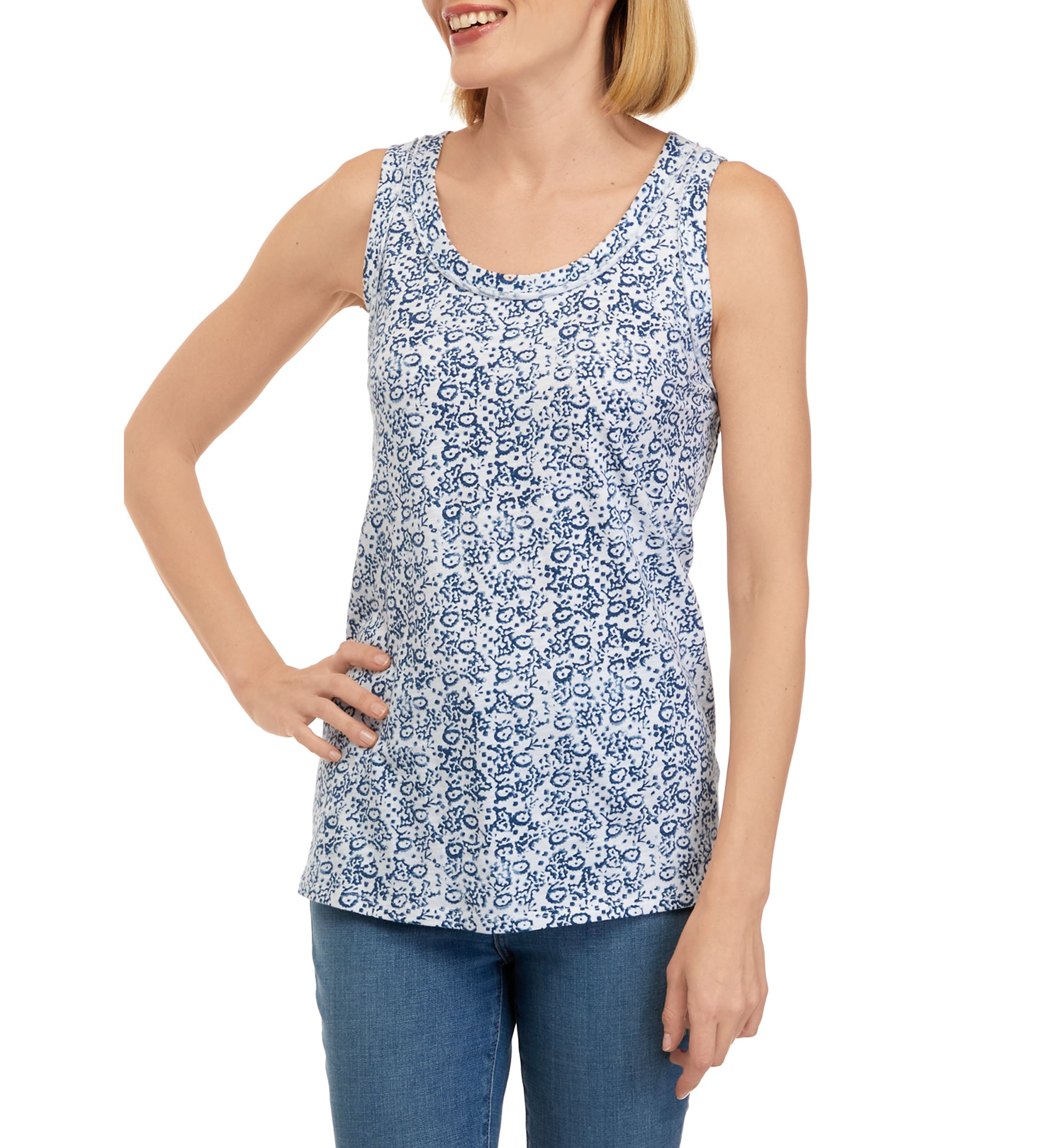 Womens Scoop Neck Raw Edge Printed Tank Top