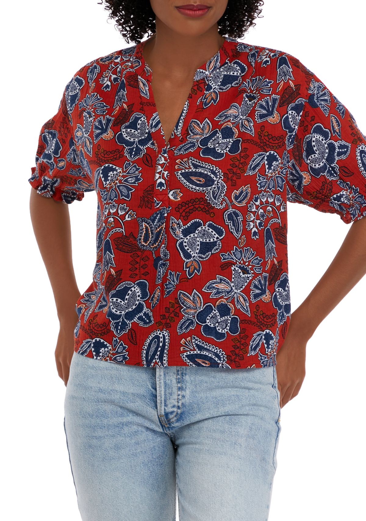 Womens Elastic Sleeve Printed Henley Top