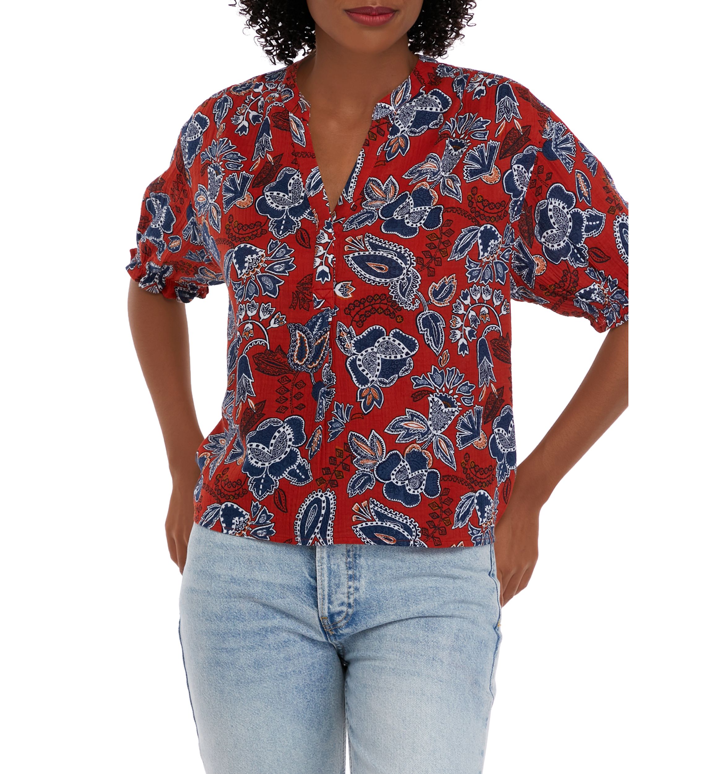 Womens Elastic Sleeve Printed Henley Top