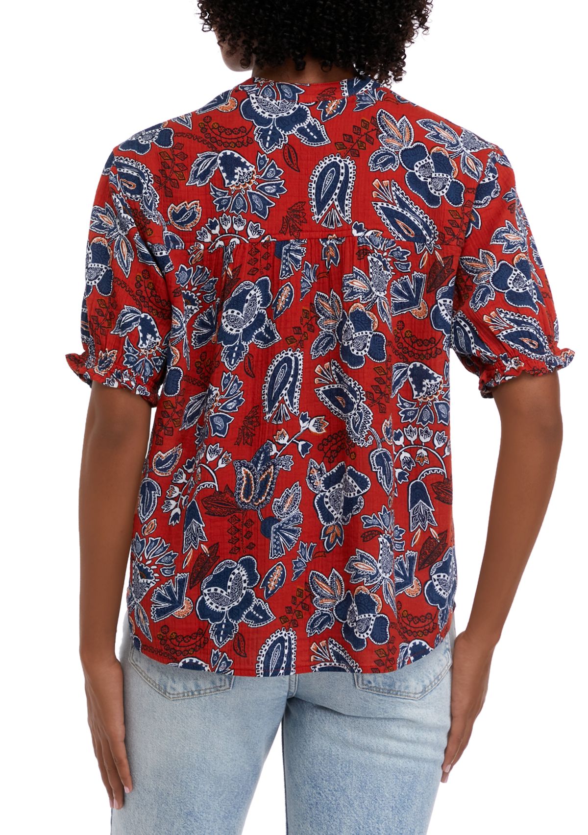 Womens Elastic Sleeve Printed Henley Top