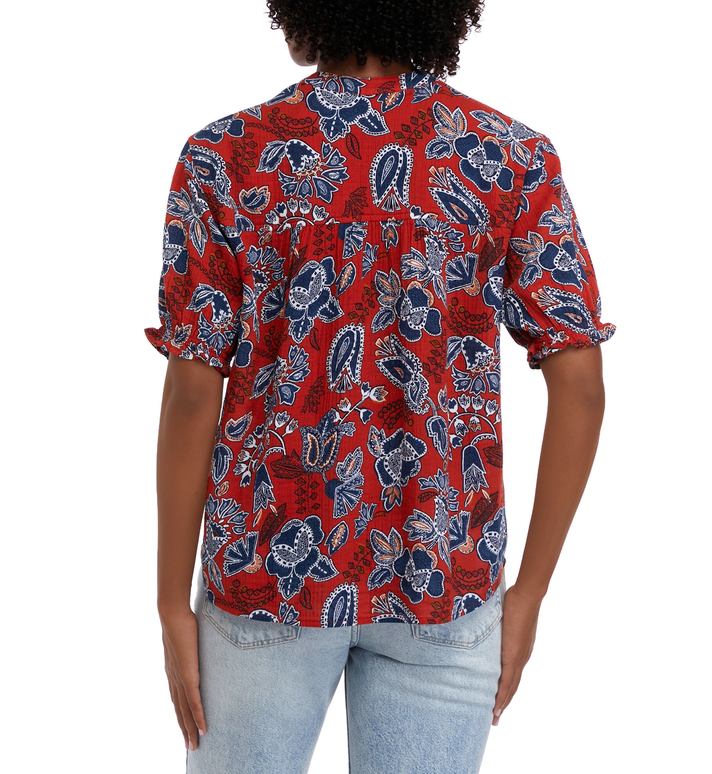 Womens Elastic Sleeve Printed Henley Top