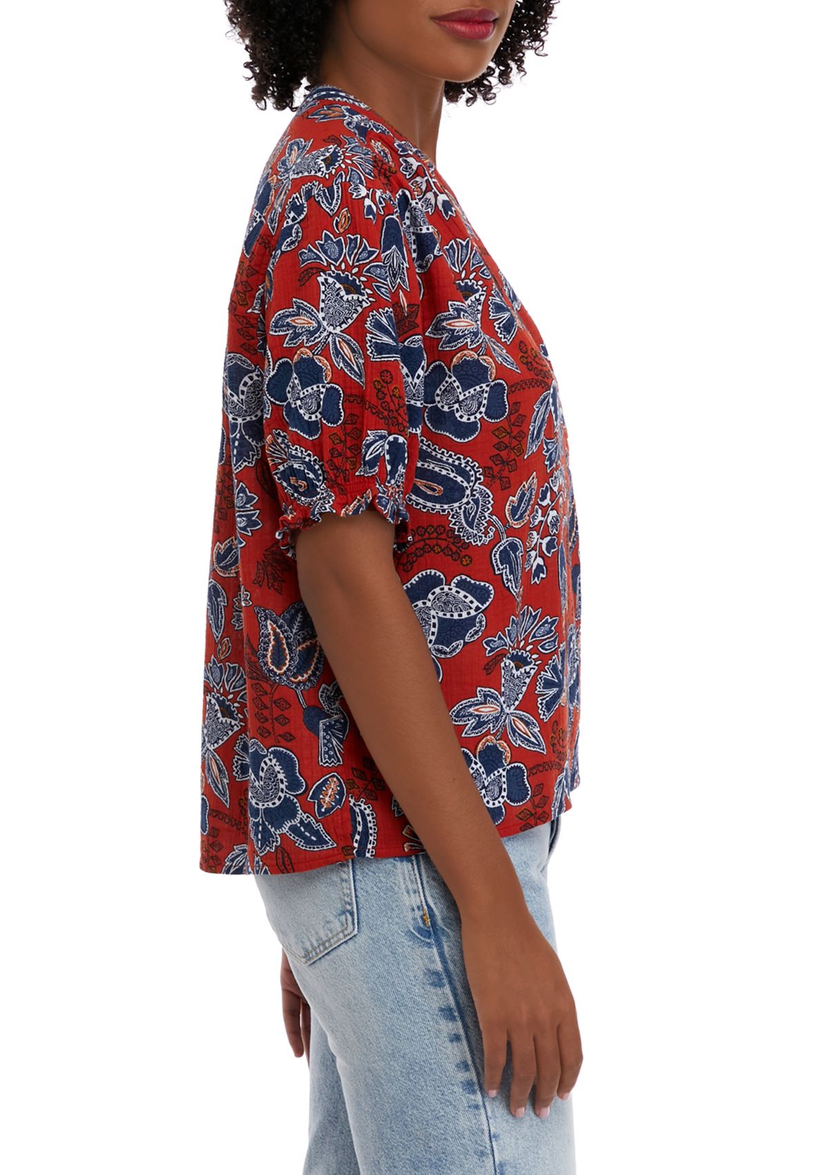 Womens Elastic Sleeve Printed Henley Top