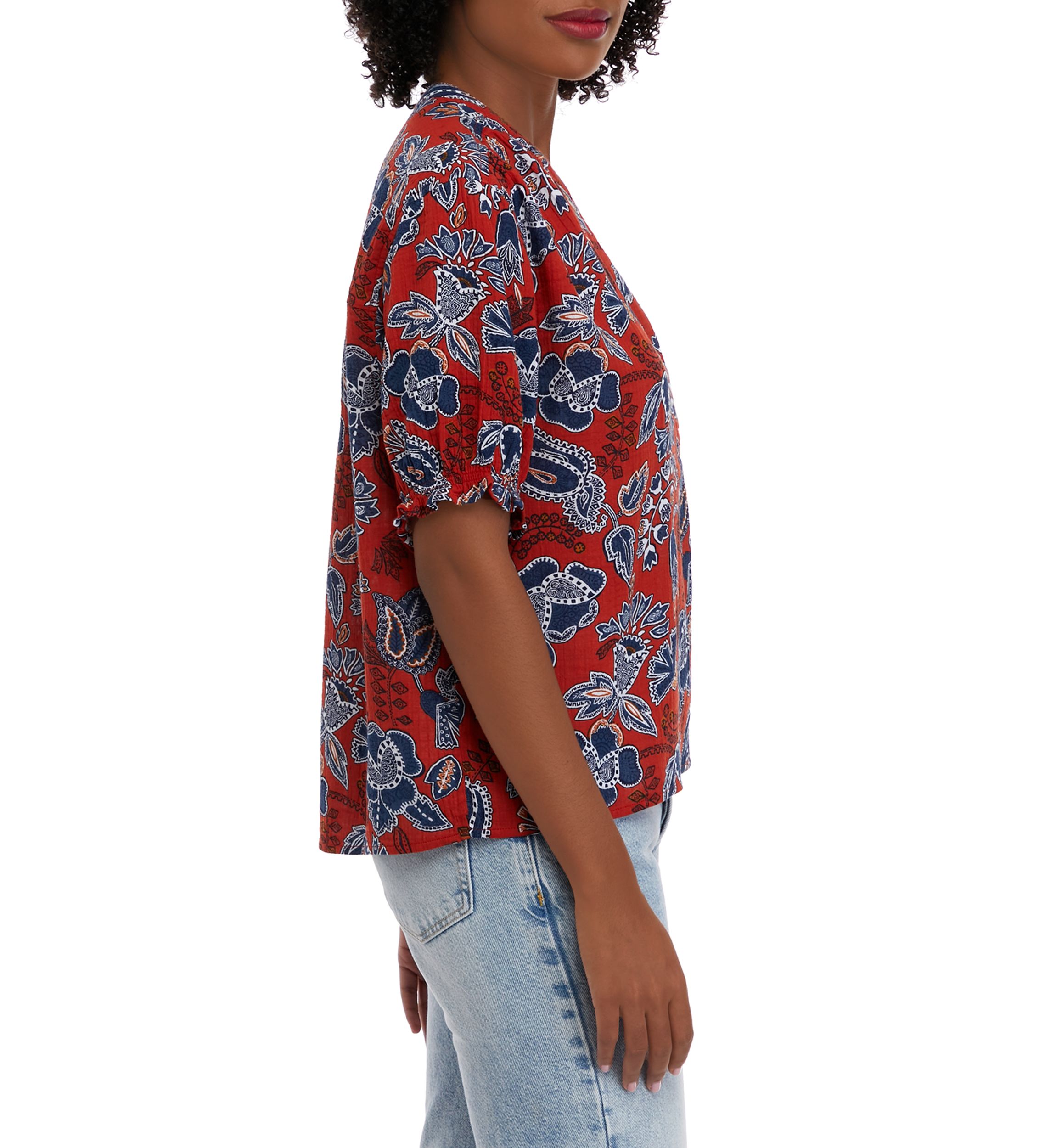 Womens Elastic Sleeve Printed Henley Top