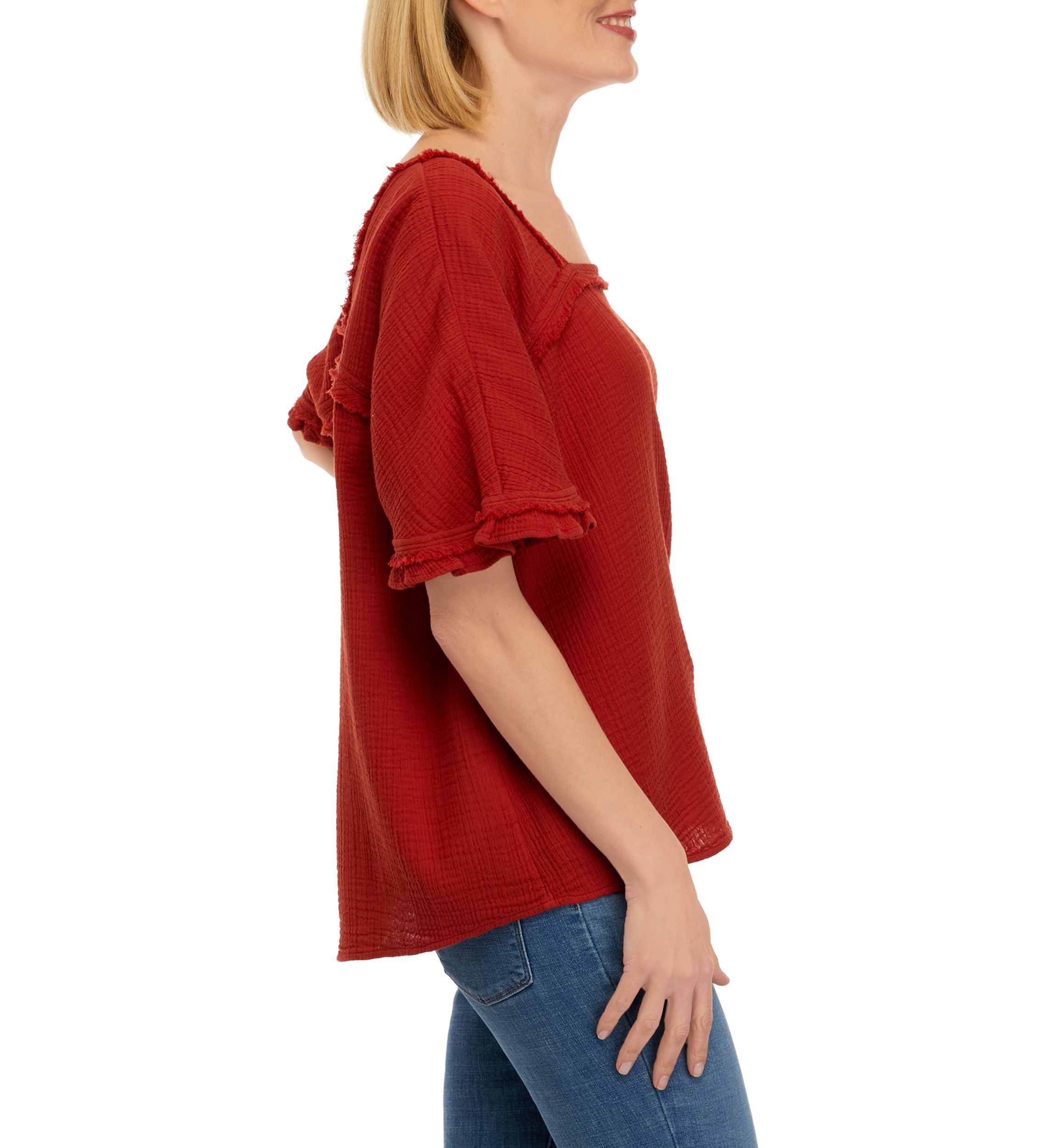 Womens Cotton Gauze Square Neck Shirt