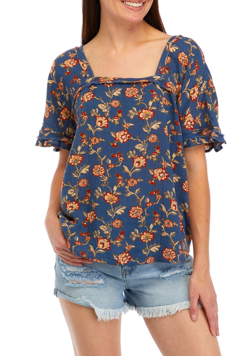 Womens Cotton Gauze Square Neck Top