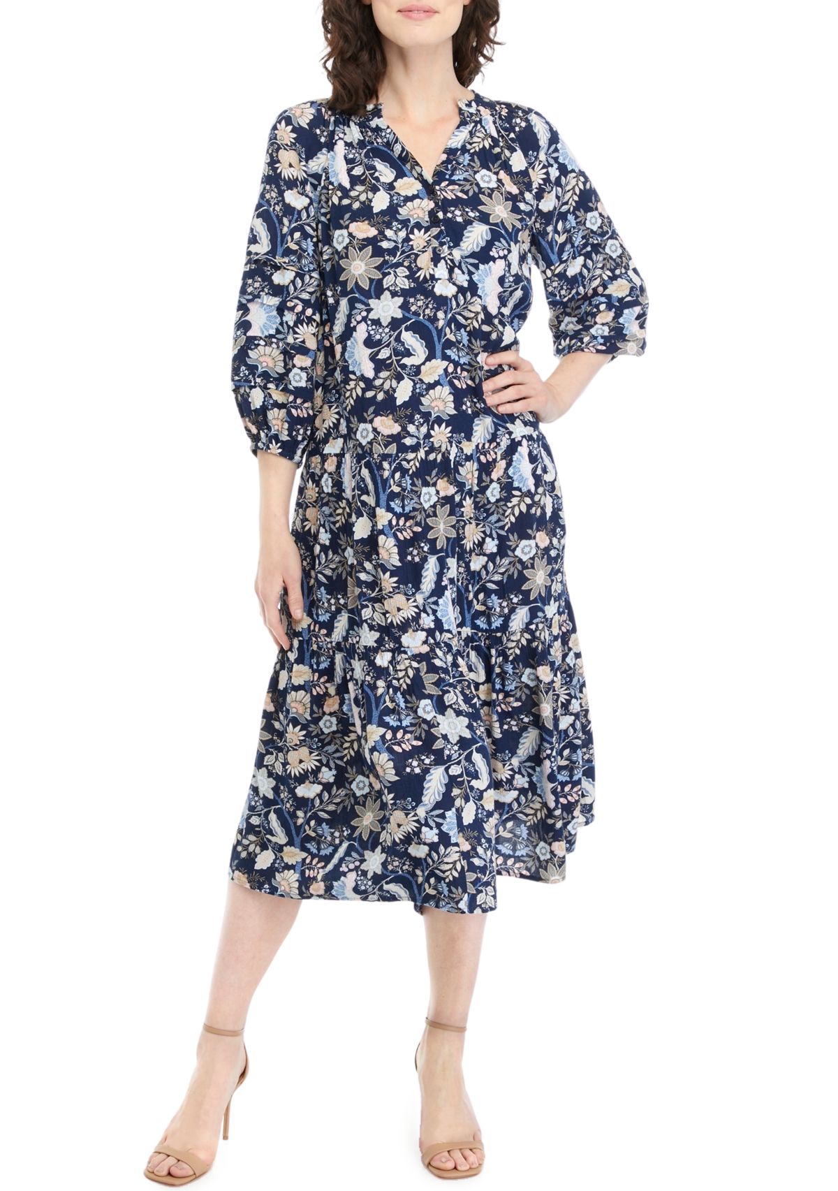 Womens Blouson Sleeve Floral Midi Dress