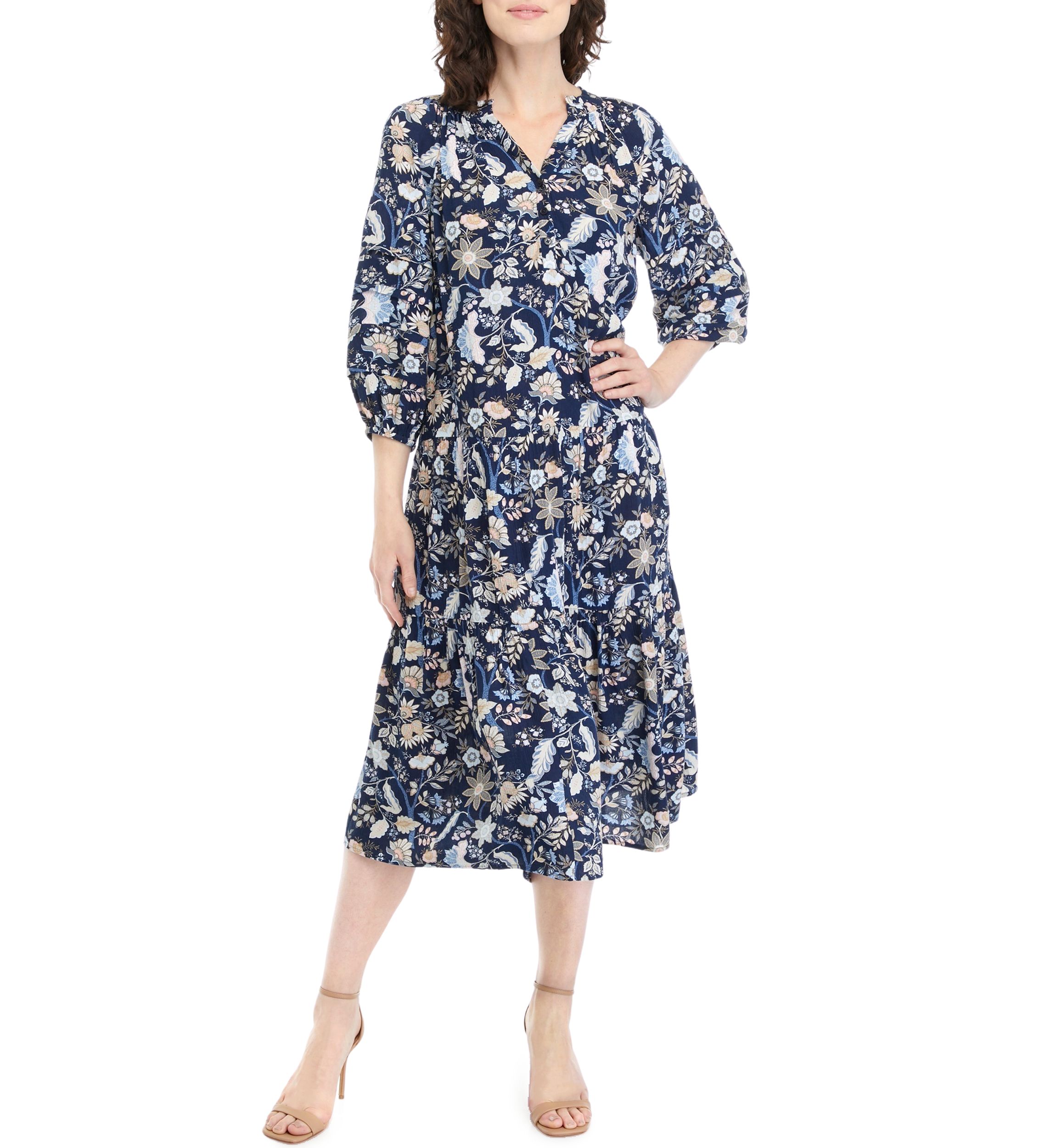 Womens Blouson Sleeve Floral Midi Dress