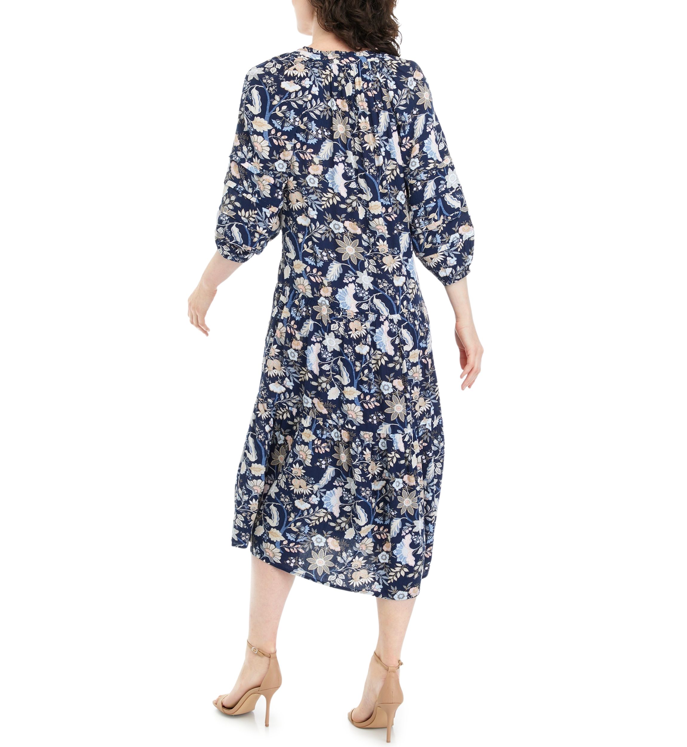 Womens Blouson Sleeve Floral Midi Dress