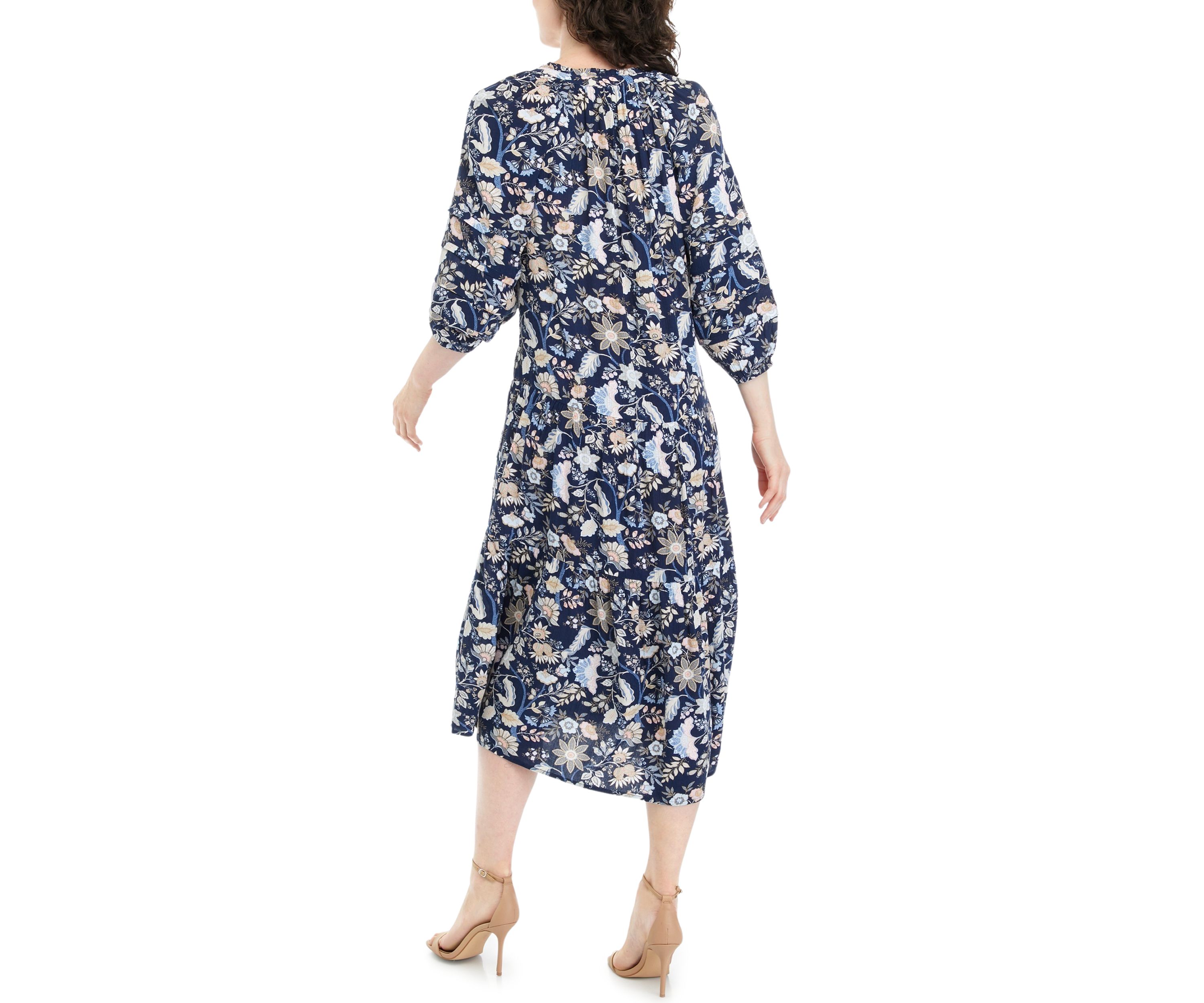 Womens Blouson Sleeve Floral Midi Dress