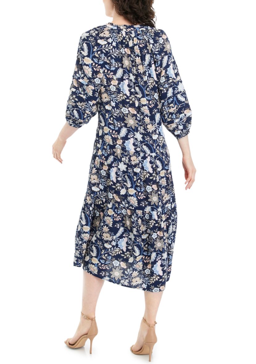 Womens Blouson Sleeve Floral Midi Dress