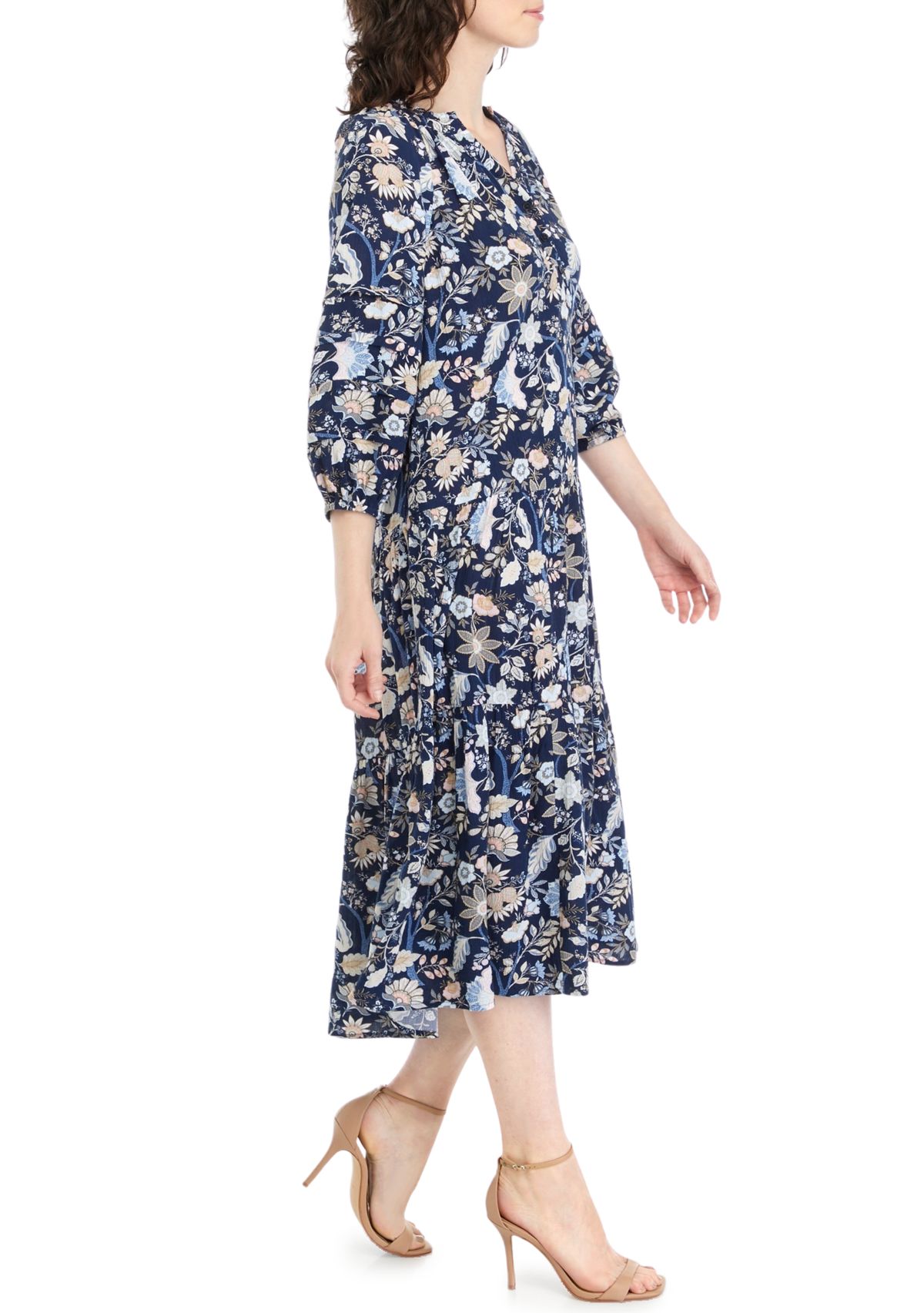 Womens Blouson Sleeve Floral Midi Dress