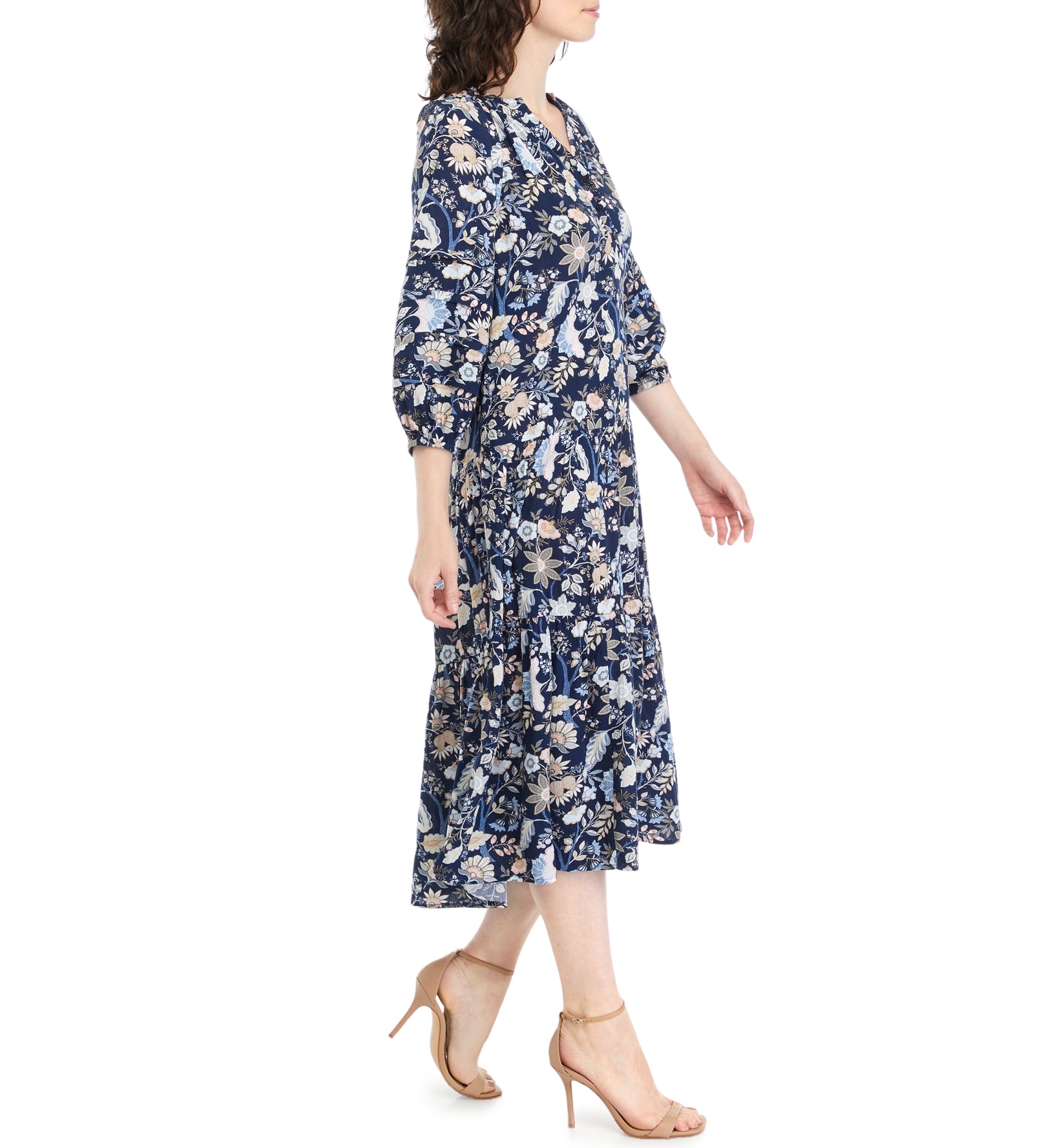 Womens Blouson Sleeve Floral Midi Dress