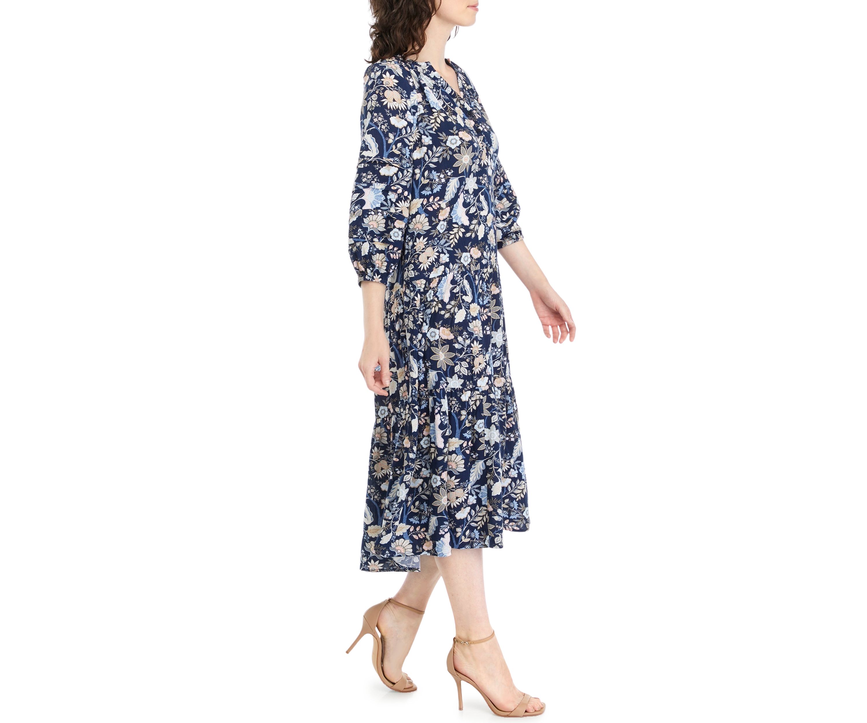 Womens Blouson Sleeve Floral Midi Dress