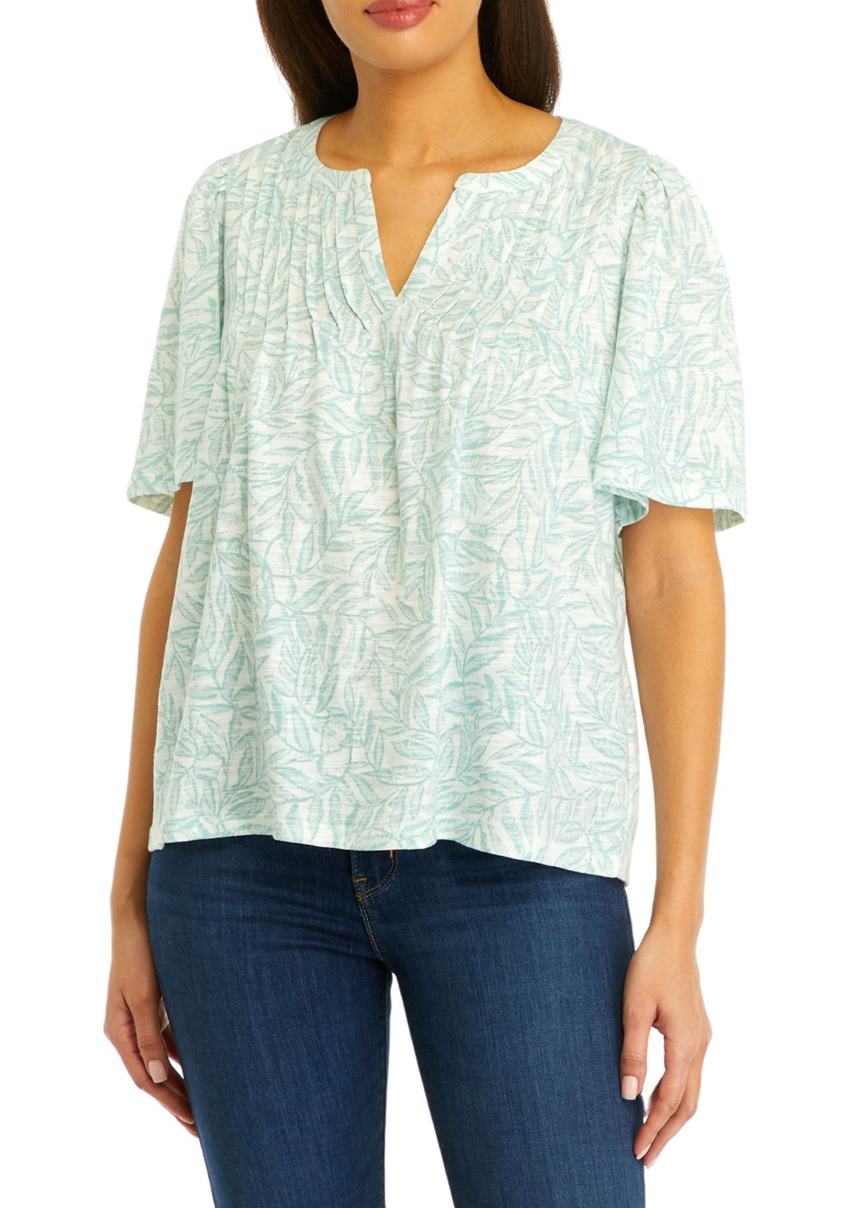 Womens Short Puff Sleeve Printed Pintuck Top