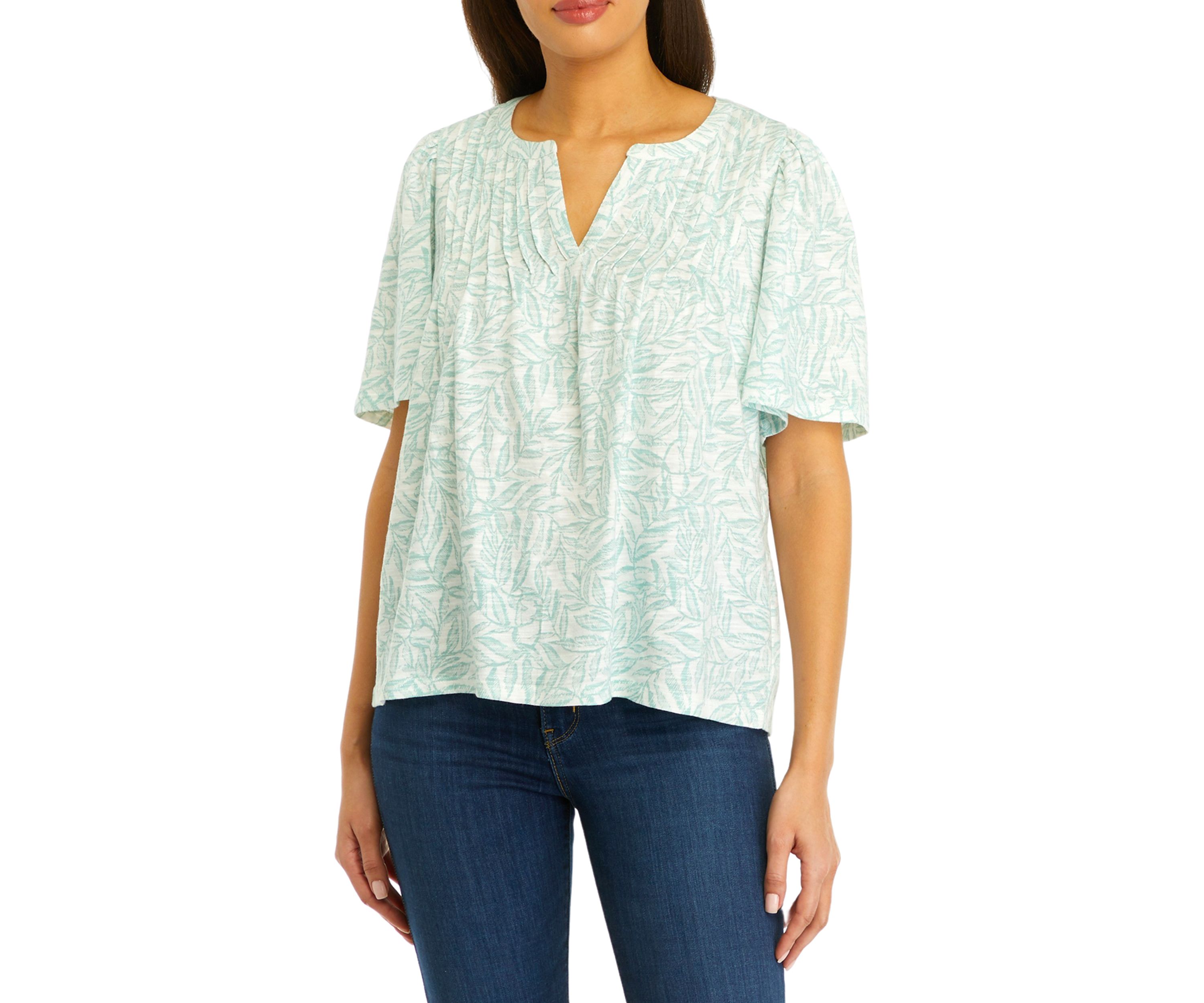 Womens Short Puff Sleeve Printed Pintuck Top