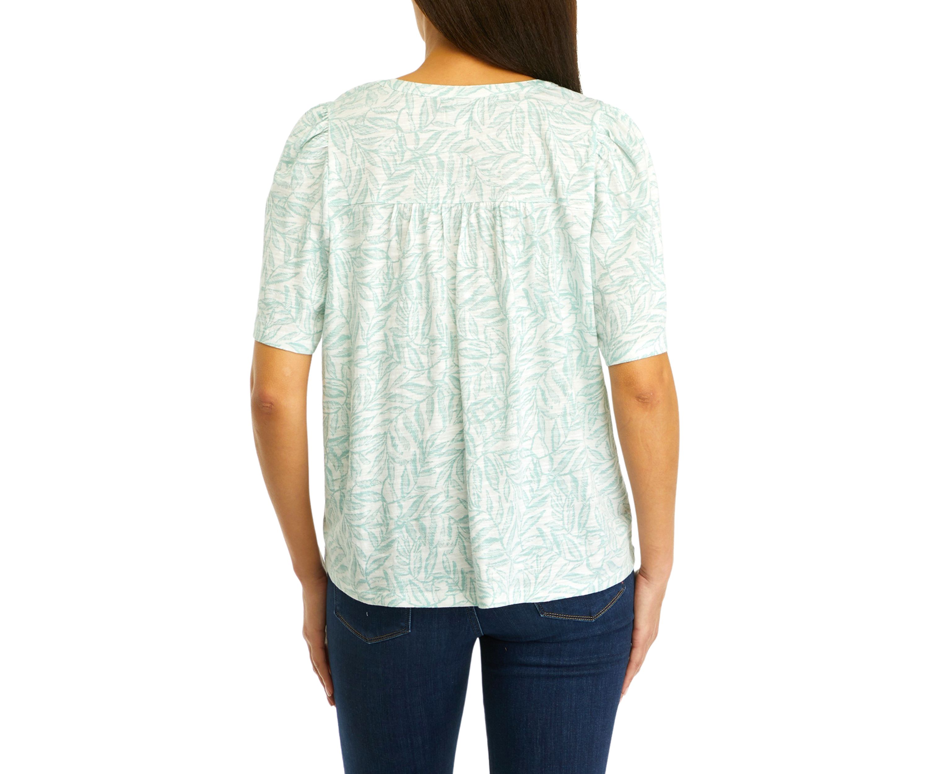Womens Short Puff Sleeve Printed Pintuck Top