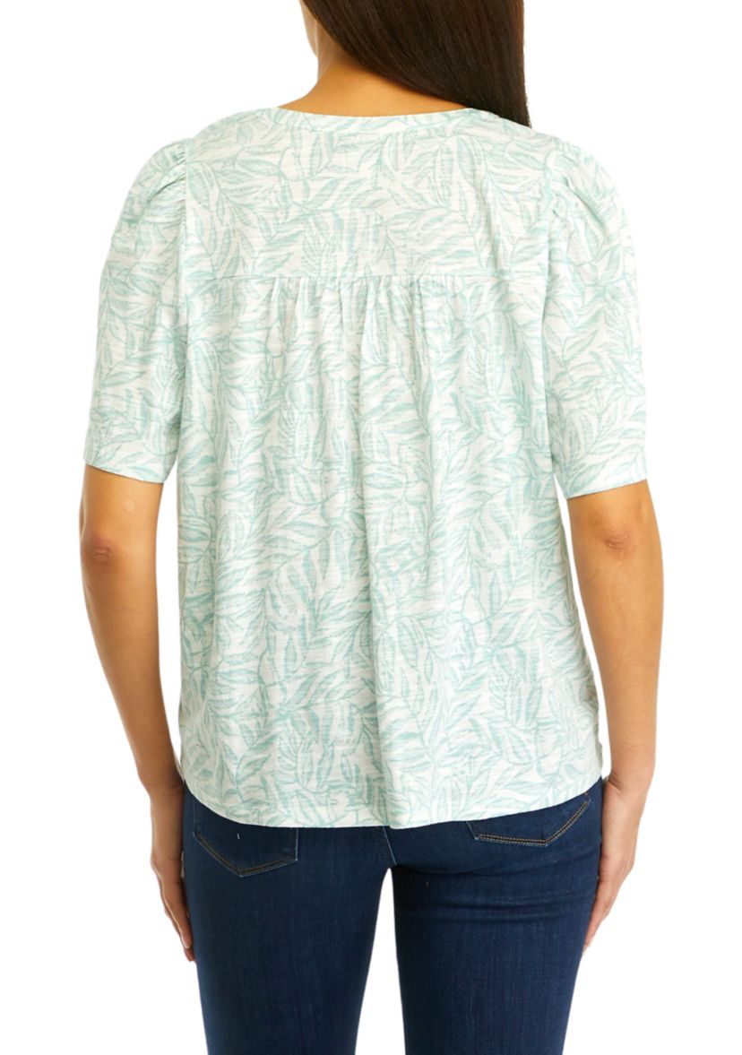 Womens Short Puff Sleeve Printed Pintuck Top