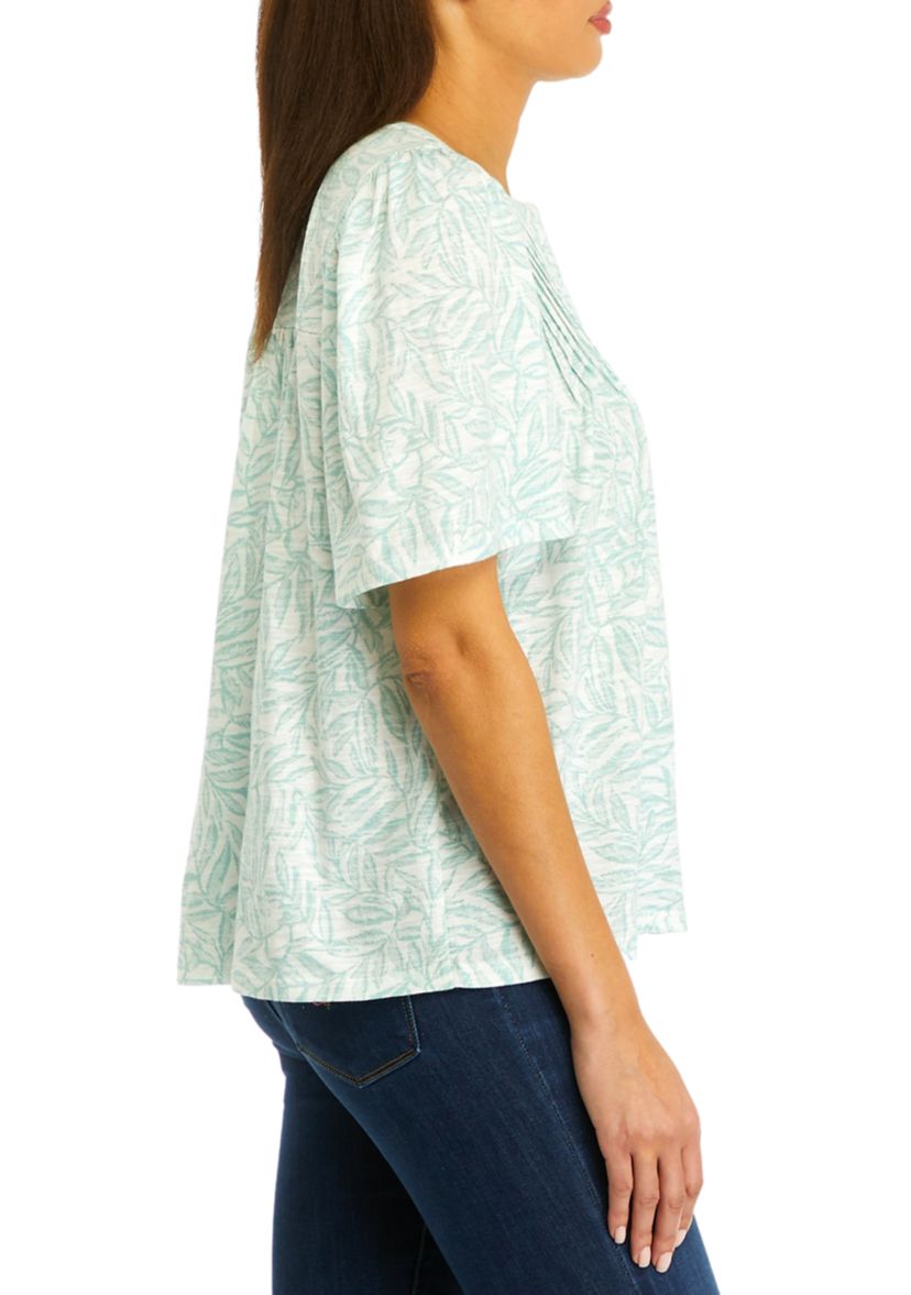 Womens Short Puff Sleeve Printed Pintuck Top