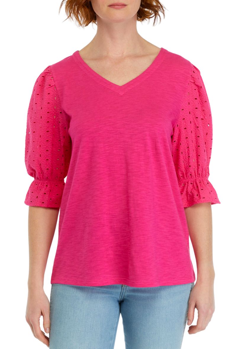 Womens Eyelet Sleeve V-Neck Top