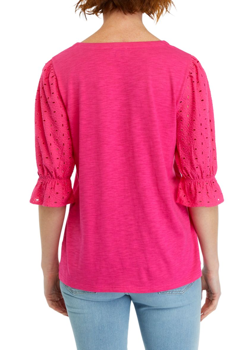 Womens Eyelet Sleeve V-Neck Top