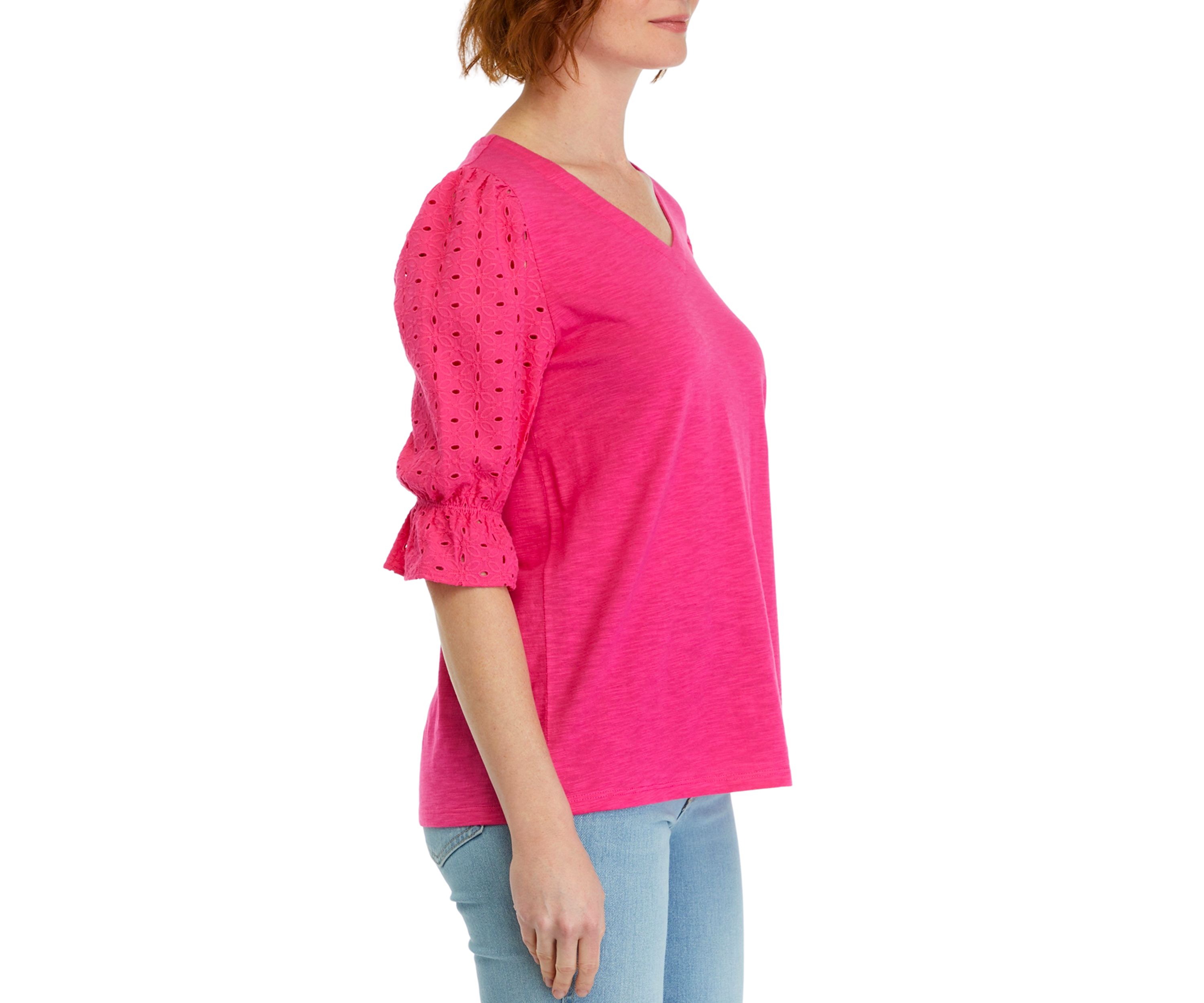 Womens Eyelet Sleeve V-Neck Top