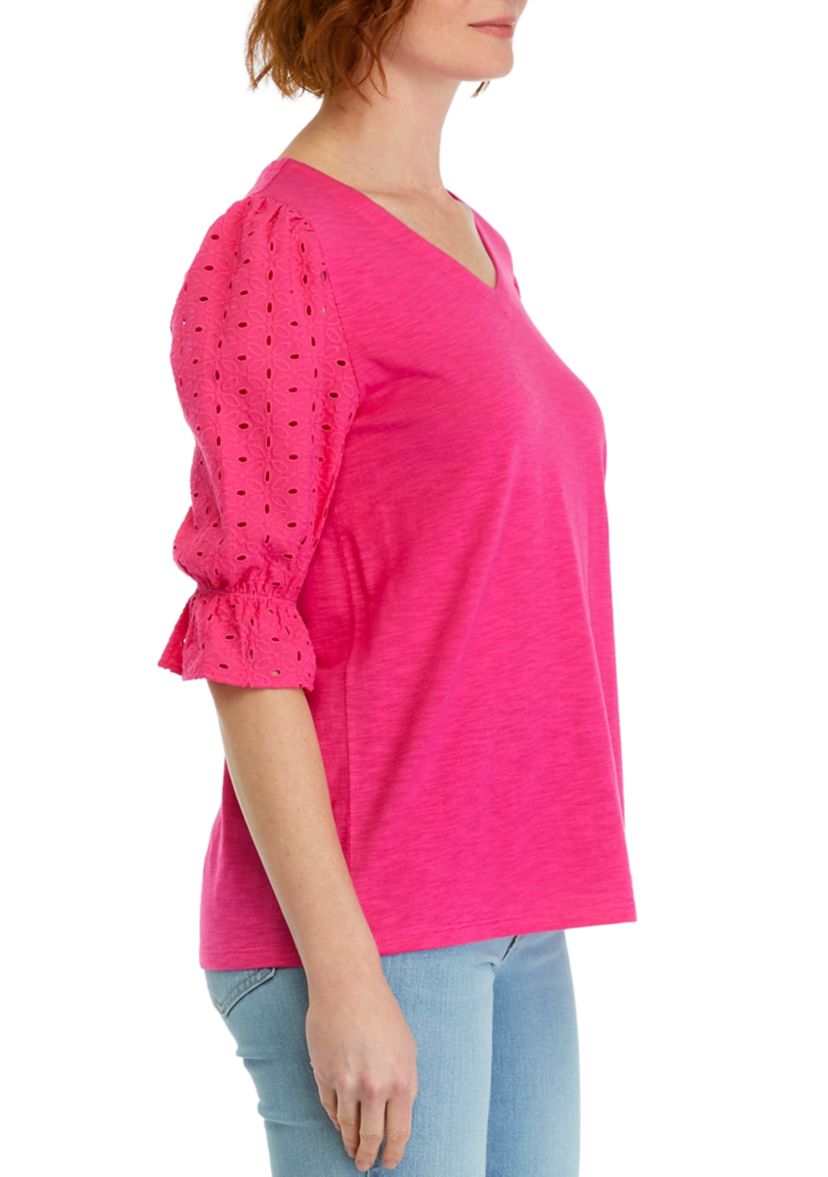 Womens Eyelet Sleeve V-Neck Top