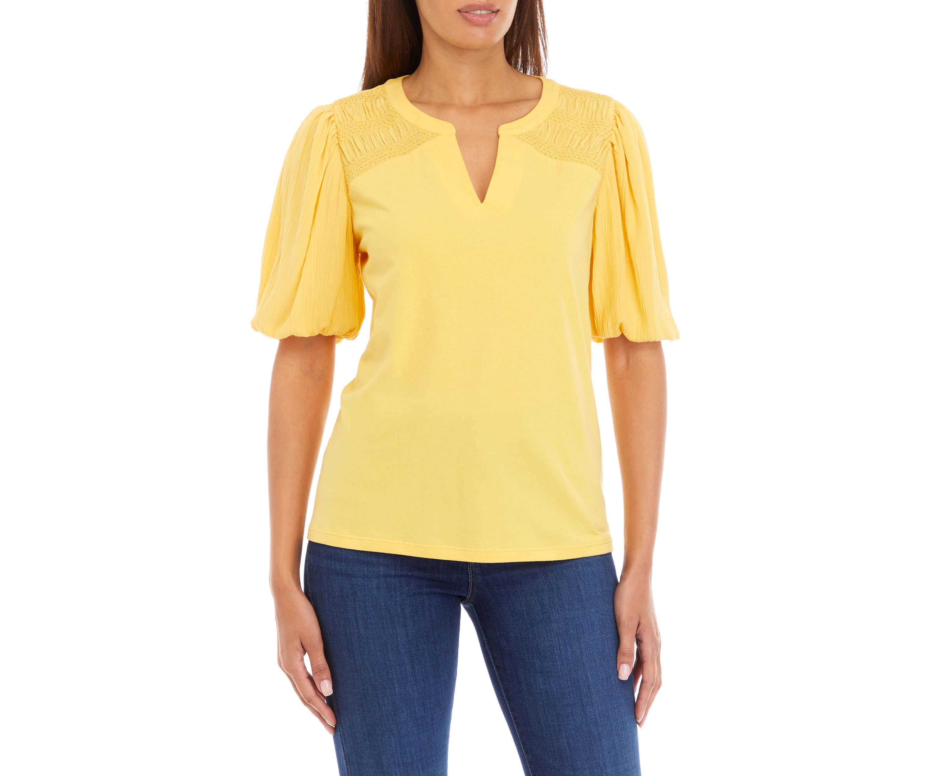 Womens Short Sleeve Split Neck Smocked Top