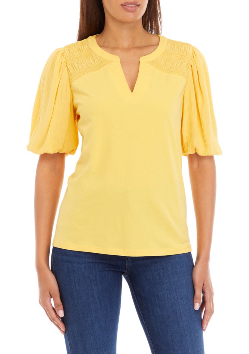 Womens Short Sleeve Split Neck Smocked Top