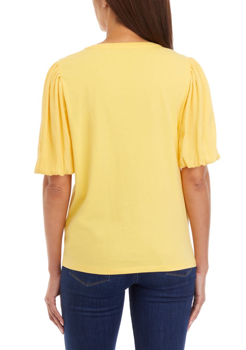 Womens Short Sleeve Split Neck Smocked Top
