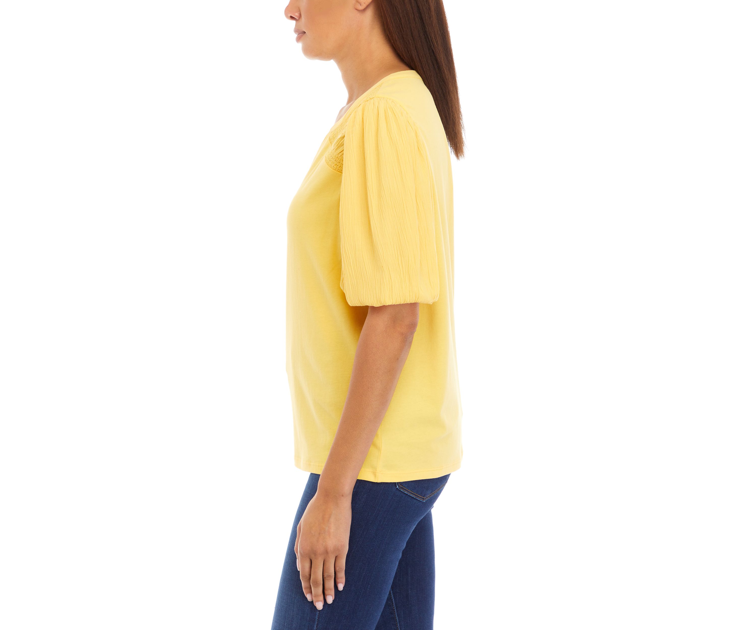 Womens Short Sleeve Split Neck Smocked Top