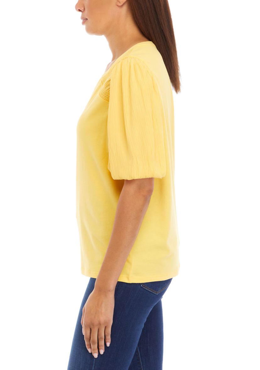 Womens Short Sleeve Split Neck Smocked Top