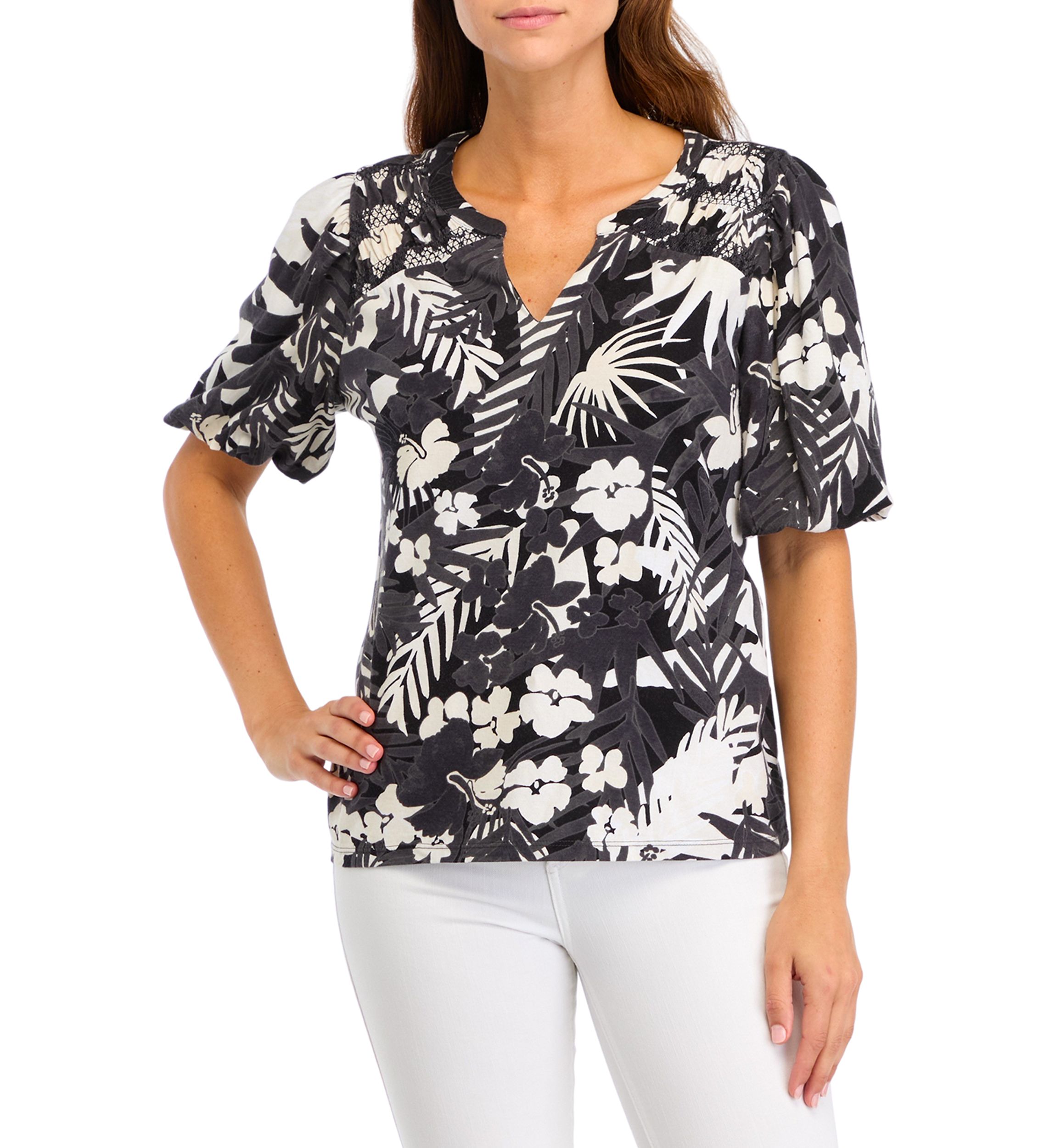 Womens Short Sleeve Split Neck Smocked Printed Top
