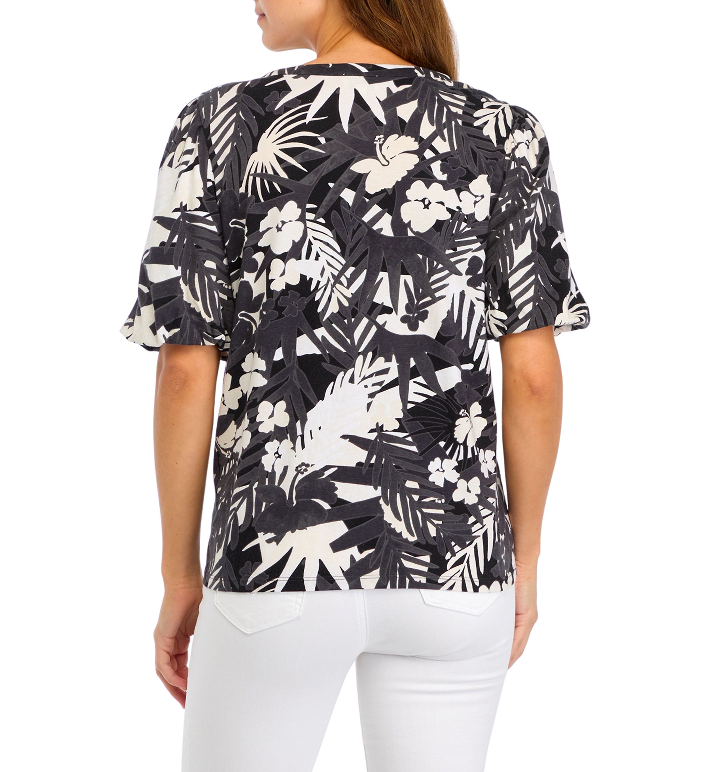 Womens Short Sleeve Split Neck Smocked Printed Top