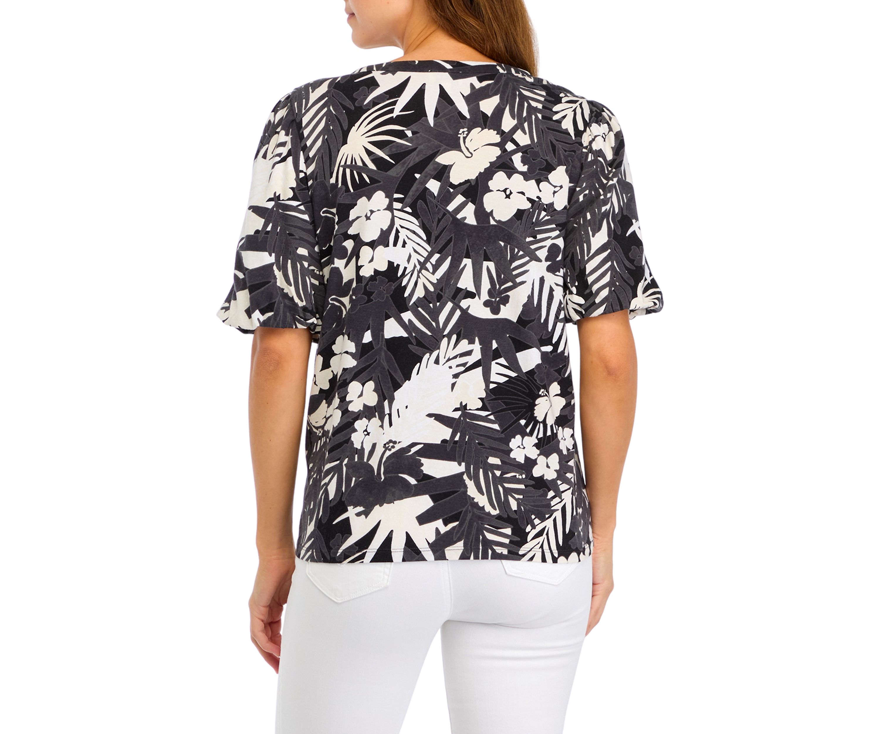 Womens Short Sleeve Split Neck Smocked Printed Top