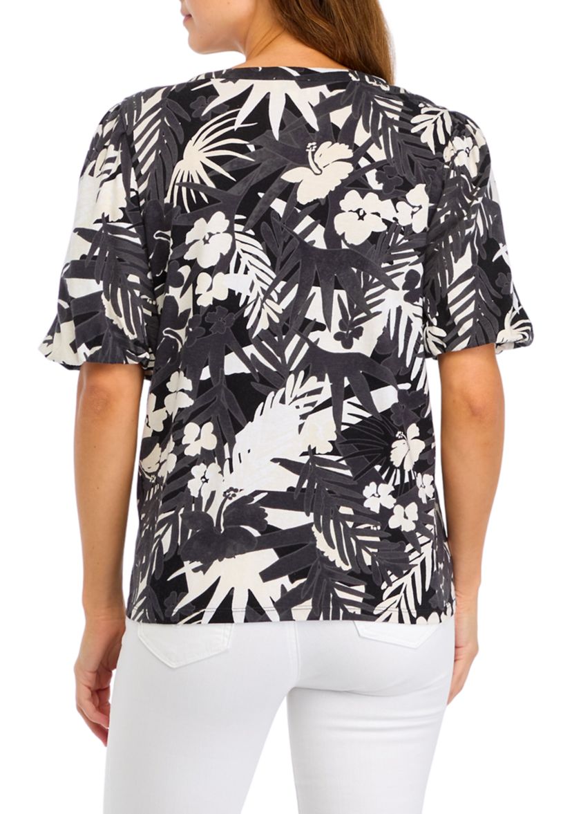 Womens Short Sleeve Split Neck Smocked Printed Top