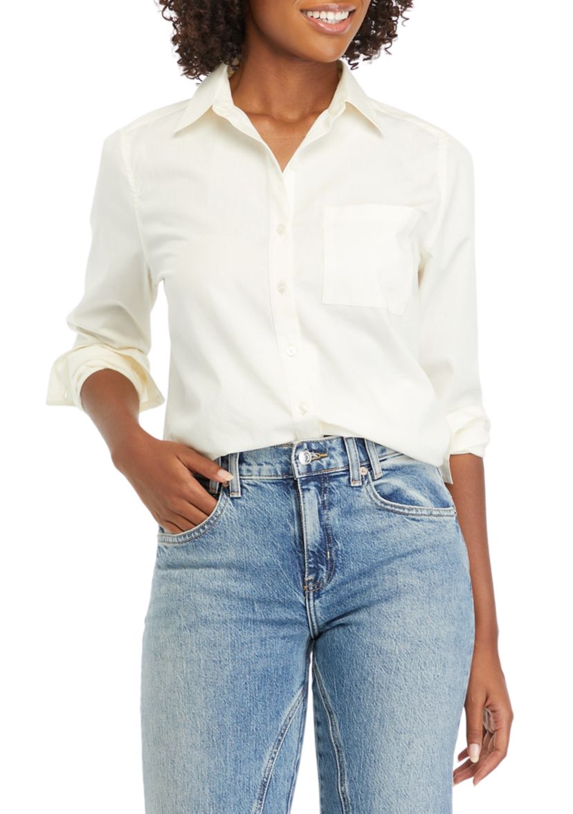Womens Solid Classic Button Down Shirt