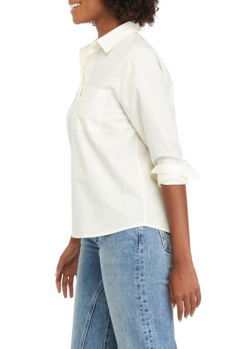 Womens Solid Classic Button Down Shirt