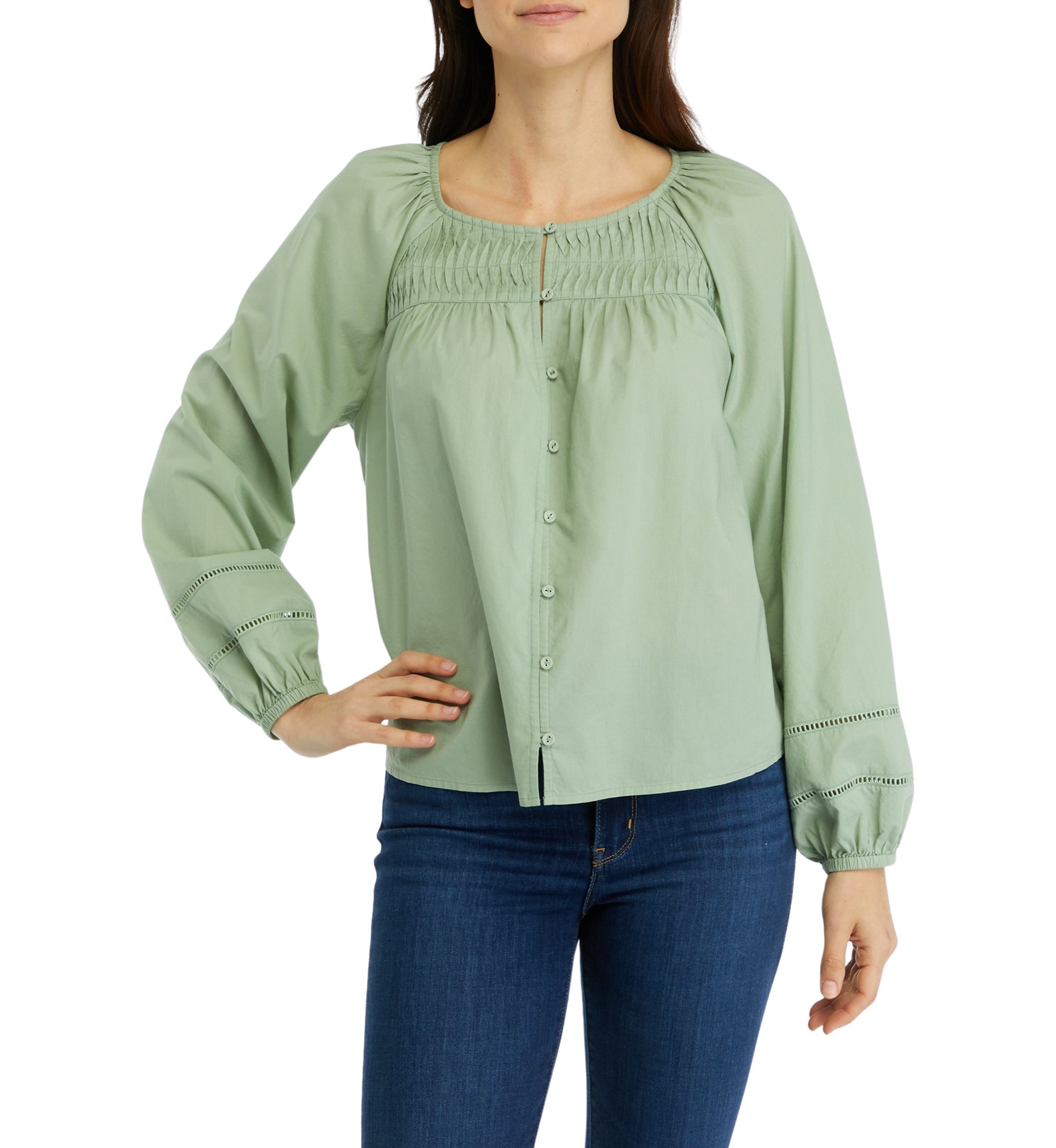 Womens Pintuck Yoke Button Down Blouse
