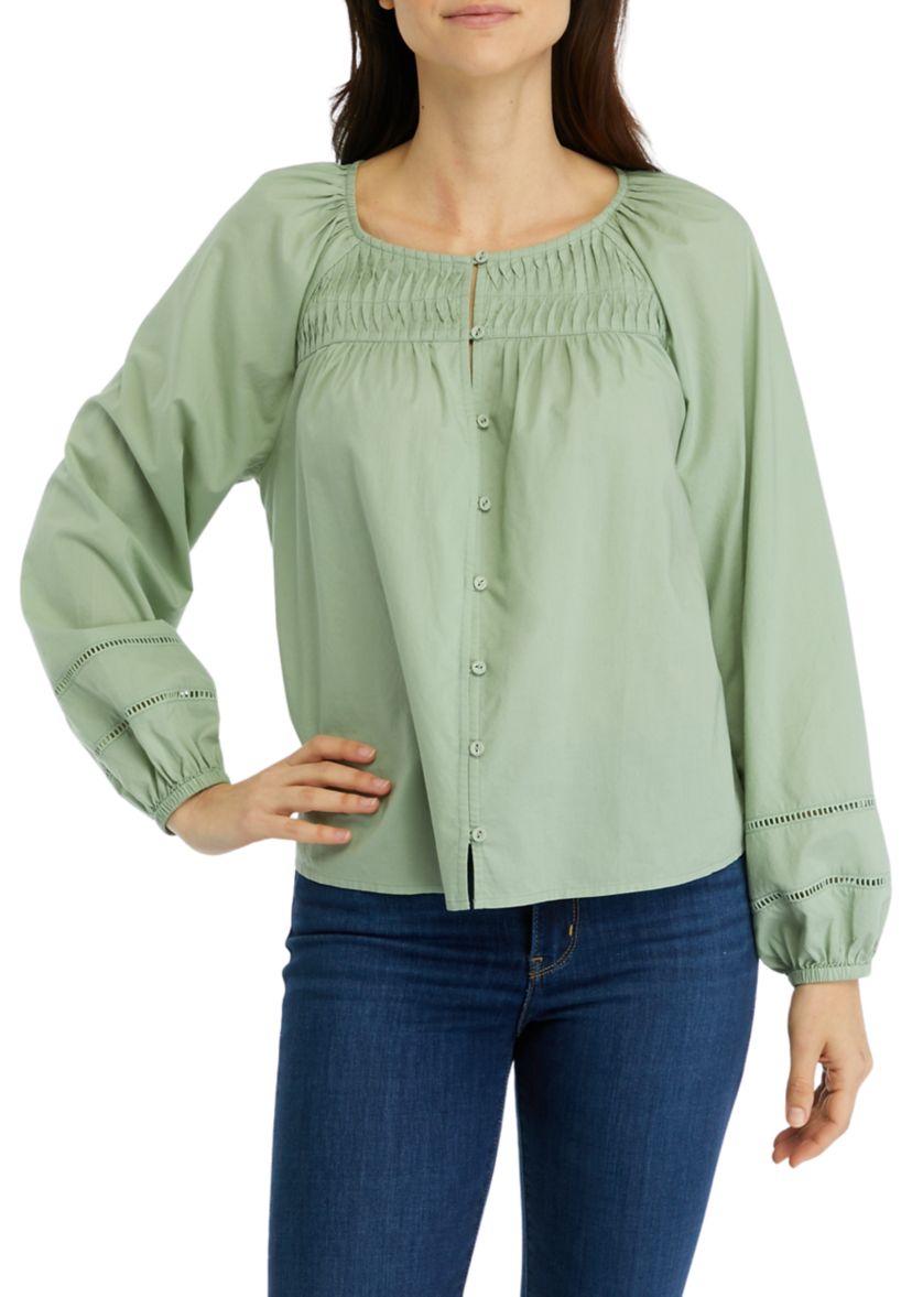 Womens Pintuck Yoke Button Down Blouse