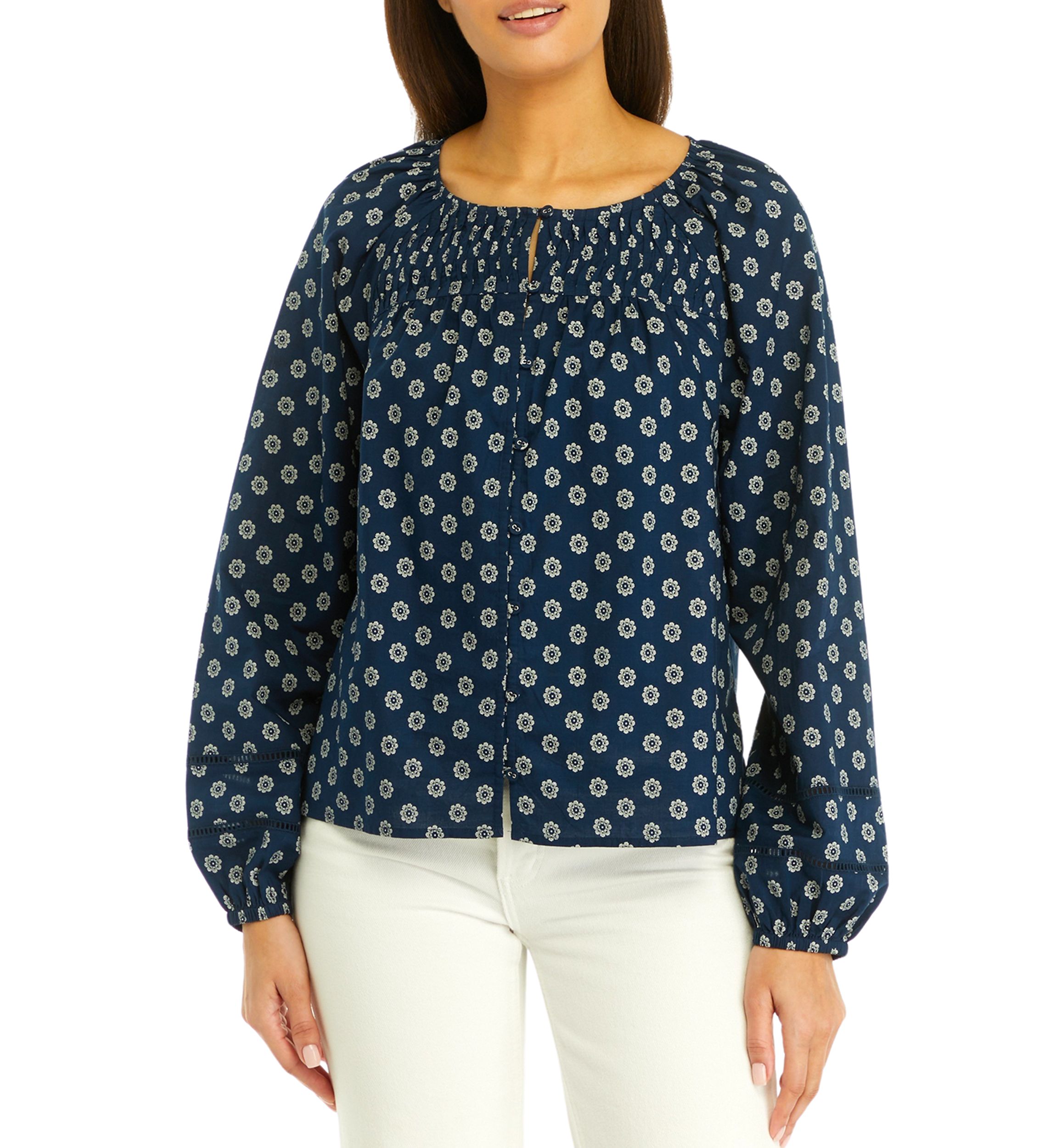 Womens Pintuck Yoke Button Down Printed Top