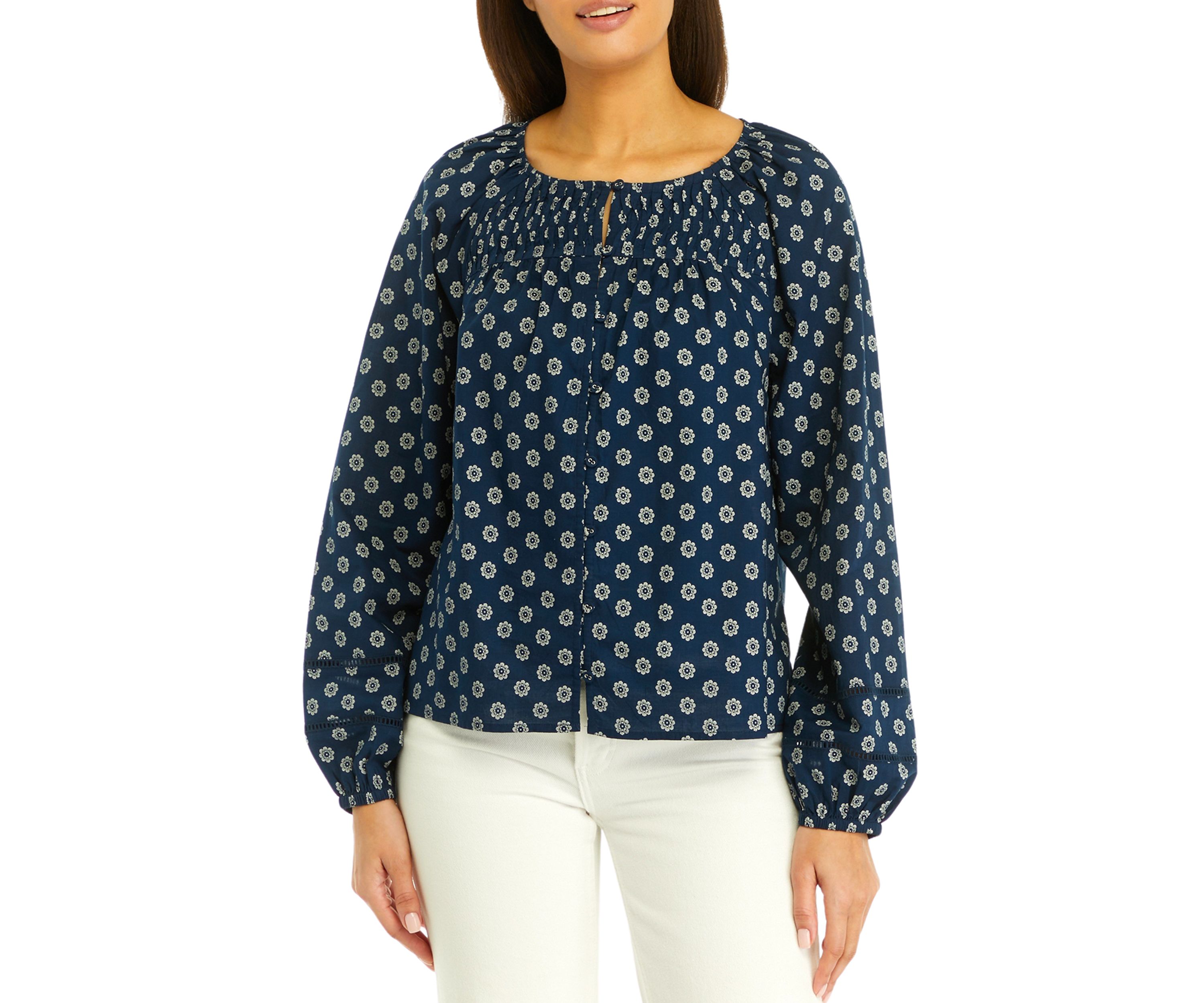 Womens Pintuck Yoke Button Down Printed Top