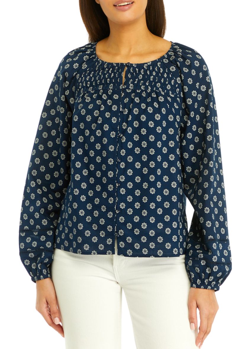 Womens Pintuck Yoke Button Down Printed Top